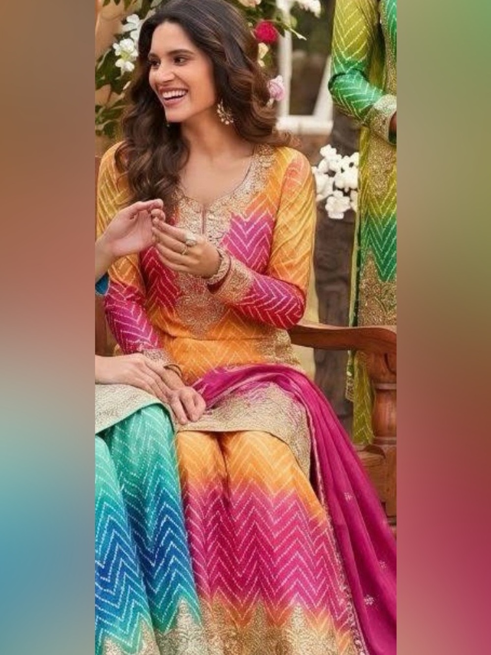 Embellished pink and orange Ombre Chevron Kurta Dress